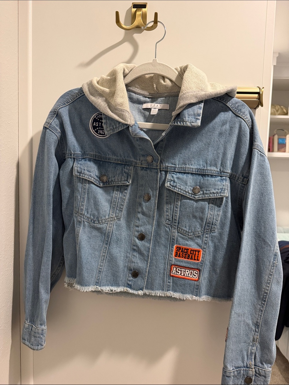 Light Blue Denim Hooded Jacket with Astros Patches